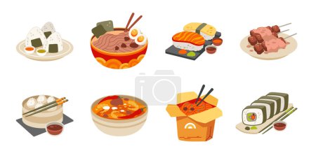 Ensemble vectoriel d'aliments asiatiques. Cuisine asiatique illustration plate