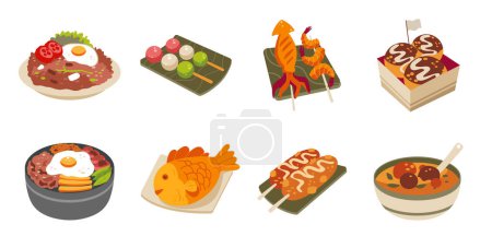 Set of asian food, flat design vector illustration, food dishes from Asian countries