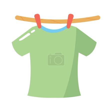 Wäscheleine Vektor flache Abbildung, Trocknen Wäsche Kleidung Bild, Trocknen Linie Symbol, T-Shirts hängen an Seilen