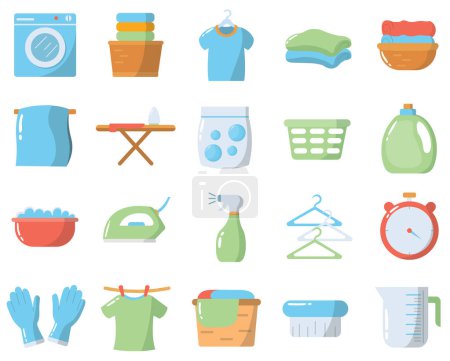 Wäsche- und Waschsymbolset, flache Designelemente, Vektorillustration für chemische Reinigung
