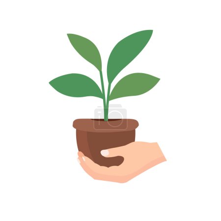 Illustration for Hand holding small tree vector illustration, hand carrying plant on pot, flat icon design template elements, environment earth day concept - Royalty Free Image