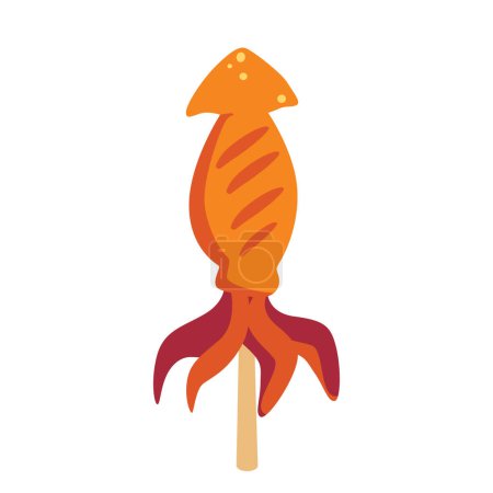 Calamar satay diseño plano ilustración, pulpo a la parrilla en pinchos, imagen vectorial aislado sobre fondo blanco
