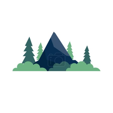 Téléchargez les illustrations : Illustration plate de colline ou de montagne avec arbres et buissons, icône du paysage de montagne art vectoriel - en licence libre de droit