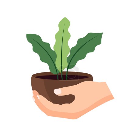 Hand holding flower pot, flat design vector illustration, human hand carrying young green plant, isolated on white background