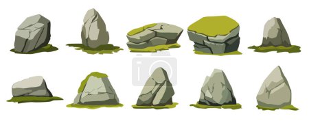 Conjunto de vectores de dibujos animados de piedra musgosa, roca con ilustración de musgo, elemento de diseño ambiental natural para juegos o animación