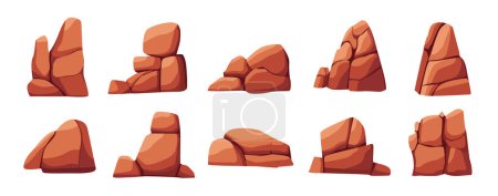 Set aus Wüstenfelsen, Cartoon-Vektor-Illustration, orangefarbene Wüstensteine Canyon-Sammlung, braun rot rissige Klippe, Naturelemente Clip Art