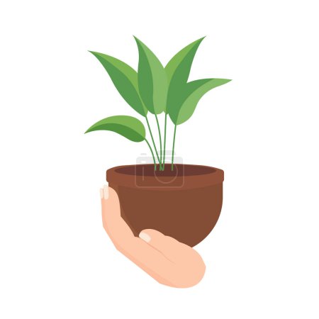 Hand trägt Topfpflanzen, Hand hält Pflanzentopf, Pflege Natursymbol, Hand bringt Blumentopf Vektor Illustration isoliert