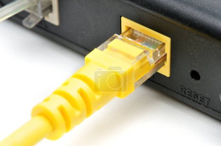 Câble LAN avec fiche Jack RJ45 enregistrée sur fond blanc isolé