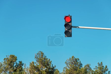 Téléchargez les photos : Modern traffic light with red light in front of cloudless sunny blue sky - en image libre de droit