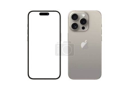 Photo for Antalya, Turkey - September 14, 2023: Newly released Natural Titanium iPhone 15 pro mockup set with back and front angles - Royalty Free Image