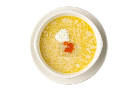 Téléchargez les photos : Soupe de poisson assaisonnée sur une assiette en porcelaine blanche - en image libre de droit