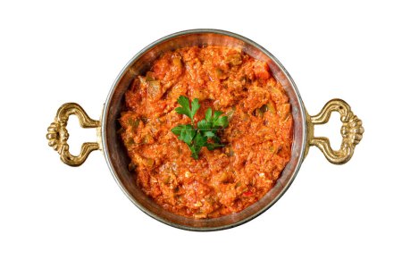 Photo for Turkish traditional menemen dish made with eggs, onions, peppers and tomatoes - Royalty Free Image