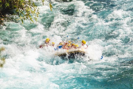 Photo for Antalya, Turkey - August 10, 2023: Rafting on a big rafting boat on the river in Antalya Koprulu Canyon. - Royalty Free Image