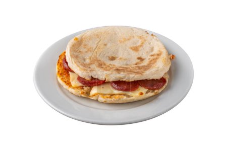 Flatbread toast with salami, turkish sausage and cheddar on white background