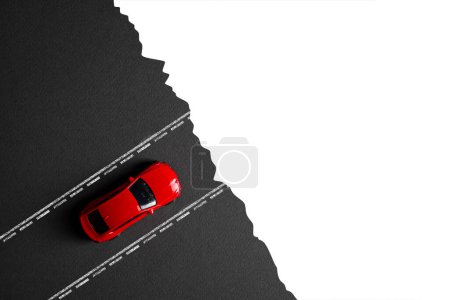 A car stopped on the road ending at the edge of a cliff. Failure, wrong choice concept