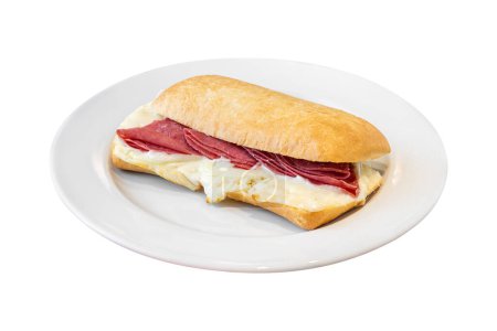 Téléchargez les photos : Sandwich au salami et au cheddar sur plaque de porcelaine blanche sur table en pierre - en image libre de droit