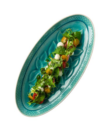 plate with arugula, mozzarella and watermelon salad close-up