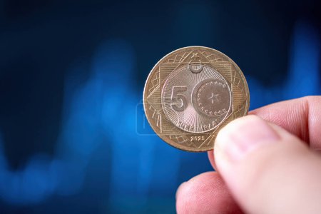 Hand holding a 5 Turkish Lira coin in front of a screen with financial chart curves