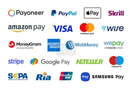 Foto de Antalya, Turquía - 01 de enero 2023: Logotipos de sistemas de pago populares como Payoneer, Paypal, Apple Pay impresos en papel blanco - Imagen libre de derechos