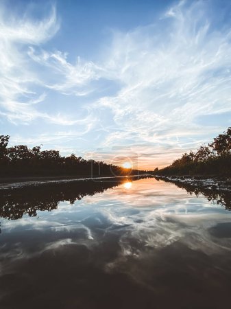 Téléchargez les photos : Vue en angle bas d'une flaque d'eau sur un chemin à travers le vignoble jaune de couleur automne contre le soleil et le ciel bleu avec des nuages - en image libre de droit