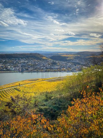 Photo for Panoramic view from Niederwald monument (germ. Niederwalddenkmal) to city of Bingen and Rheinhessen against blue sky with clouds - Royalty Free Image