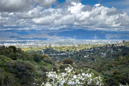 Scenic view to San Fernando Valley called "The Valley", California, USA against blue sky with clouds