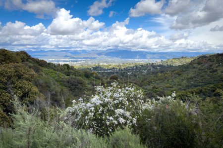 Scenic view to San Fernando Valley called "The Valley", California, USA against blue sky with clouds