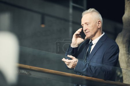 Foto de Hombre de negocios de confianza en la chaqueta formal de pie en el vestíbulo moderno y gesto de la mano mientras habla por teléfono celular - Imagen libre de derechos