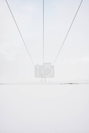 Téléchargez les photos : Fils électriques et poteaux électriques situés dans la plaine enneigée contre le ciel couvert par temps froid d'hiver - en image libre de droit