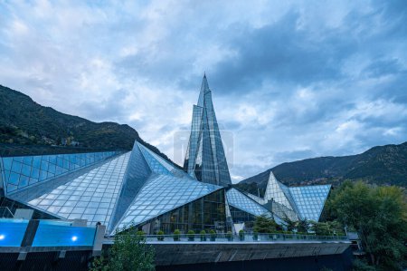 Photo for Escaldes - Engordany: 2022 October 26: Exterior panorama of the Caldea Thermal Center in Andorra and Caldea Sports Complex in autumn 2022. - Royalty Free Image
