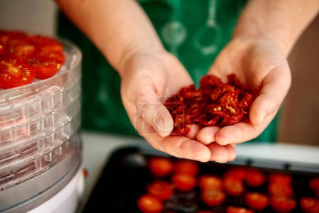 Photo for Woman in her kitchen preparing sun-dried tomatoes - Royalty Free Image