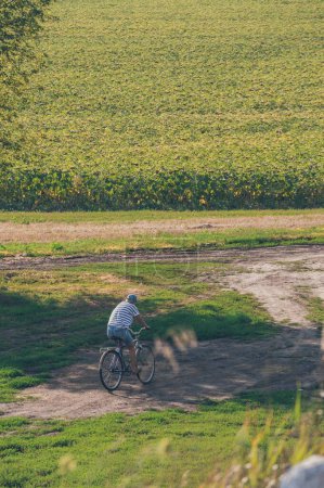 Foto de Mujer paseos en bicicleta por el campo de girasol en día soleado - Imagen libre de derechos