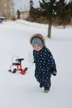 Photo for Boy with snow scooter in forest - Royalty Free Image