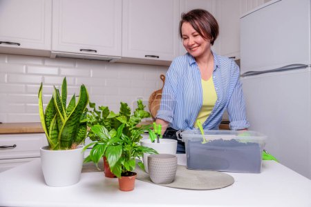 Téléchargez les photos : Femme transplantant des plantes à la maison - en image libre de droit