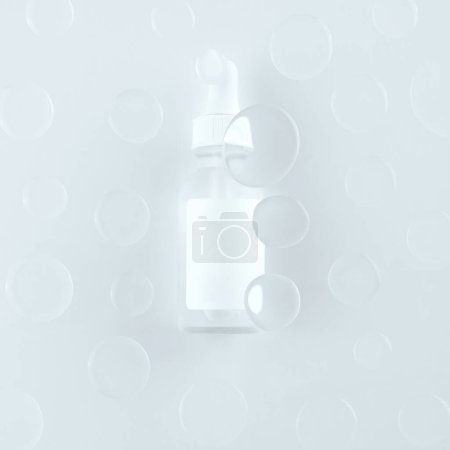 Foto de Una botella con una pipeta para cosméticos sobre un fondo con gotas - Imagen libre de derechos