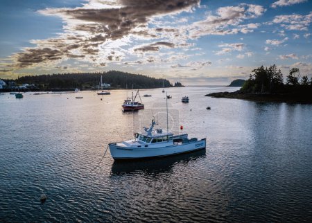Photo for Lobster boats moored in beautiful Cutler Harbor, Maine at sunrise - Royalty Free Image