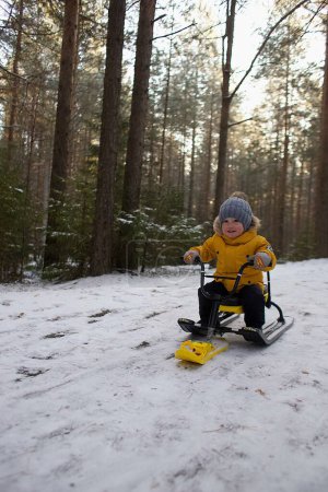 Téléchargez les photos : Garçon équitation scooter des neiges dans la forêt - en image libre de droit