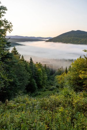 Téléchargez les photos : La brume couvre la vallée le long de la frontière internationale du Maine Québec - en image libre de droit