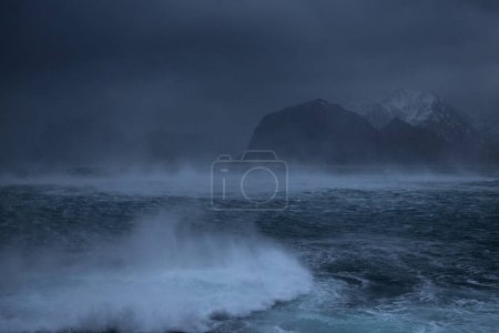 Photo for Winter storm winds blowing across Nappstraumen, Flakstady, Lofoten Islands, Norway - Royalty Free Image