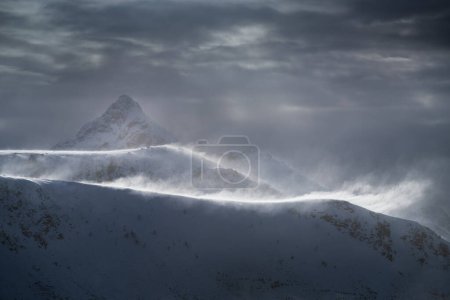 Photo for Snow blows from mountain ridges, Vestvgy, Lofoten Islands, Norway - Royalty Free Image