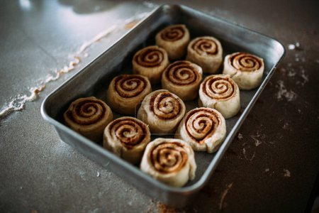 Pan of cinnamon rolls ready to bake