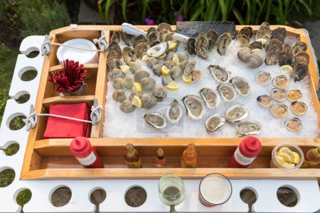 Téléchargez les photos : Overhead view of raw bar oysters and clams on ice - en image libre de droit