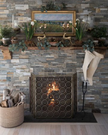 Téléchargez les photos : Christmas mantel and fireplace decorated for the holidays - en image libre de droit