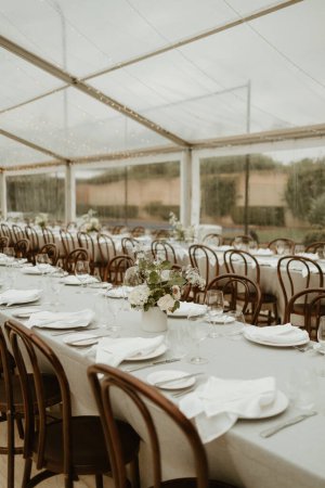 Photo for 2023 Wedding decoration with long tables and green Australian natives - Royalty Free Image