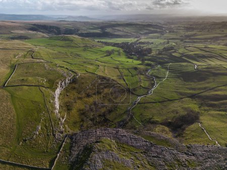 Photo for Aerial view of the Limestone pavement on top of Malham Cove - Royalty Free Image
