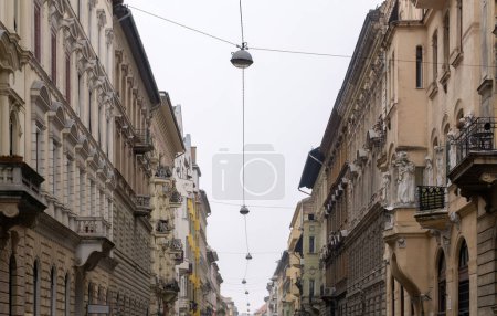 Foto de Lanterns over a street in the old center of Budapest, Hungary - Imagen libre de derechos