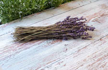 Photo for Bunch of lavender isolated on wooden table - Royalty Free Image