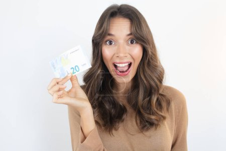 Téléchargez les photos : Happy Woman Holding Cash Euro Bill - en image libre de droit