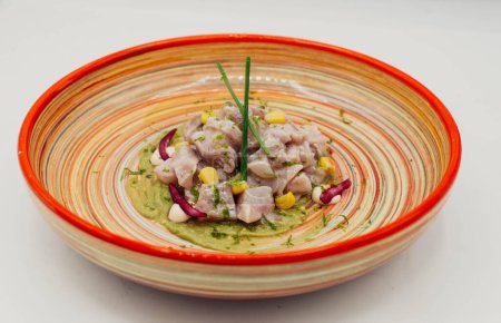 Photo for Gourmet plate of sea bass and red onion ceviche - Royalty Free Image