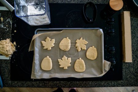 Photo for Autumn Cookie Cutouts on Parchment Before Baking - Royalty Free Image